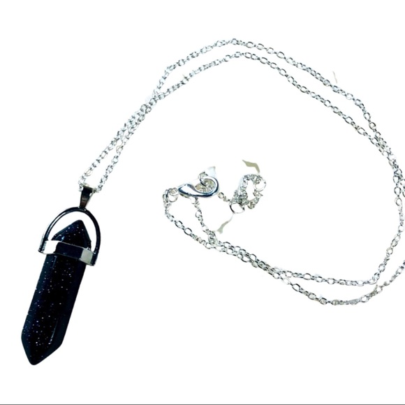 Blue goldstone crystal quartz double hex pendant on silver chain NEW - Picture 2 of 4